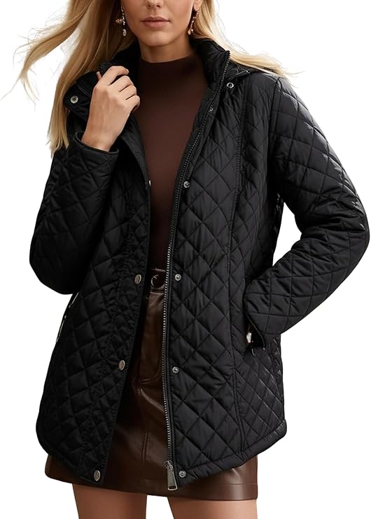 Women's Lightweight Diamond Quilted Puffer Jacket | Detachable Hooded Collar, Padded Zip Warm Outerwear with Soft Thermal Lining Coat for Spring and Winter