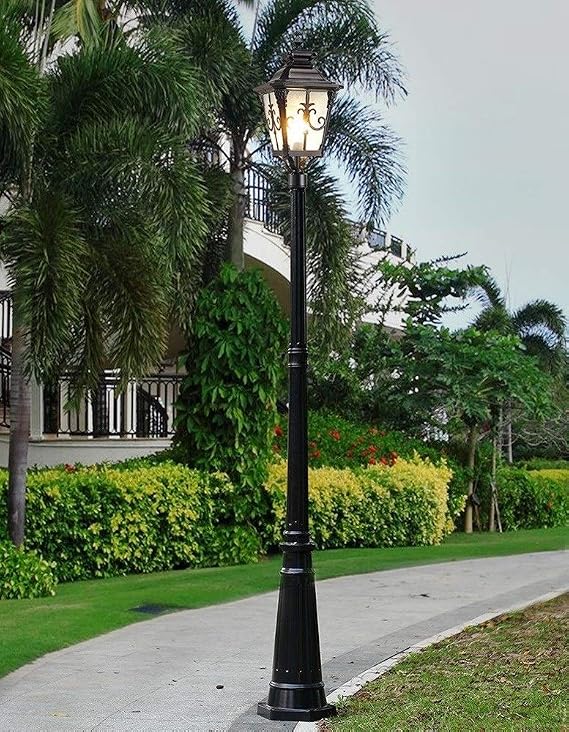 Lamp Post Lights Outdoor,European Villa Landscape High Pole Lantern Continental Garden Community Glass Street Light Tradition Outdoor Waterproof Floor Lamp Column Lamp Ou,Black-140cm