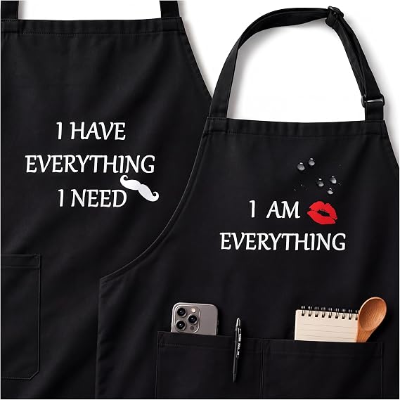 YIKA Couples Aprons, Christmas Gift for Couples Who Have Everything, Matching Apron Set for Him and Her, Adjustable Neck Strap, Extra Long Ties, 2 Pockets, Black