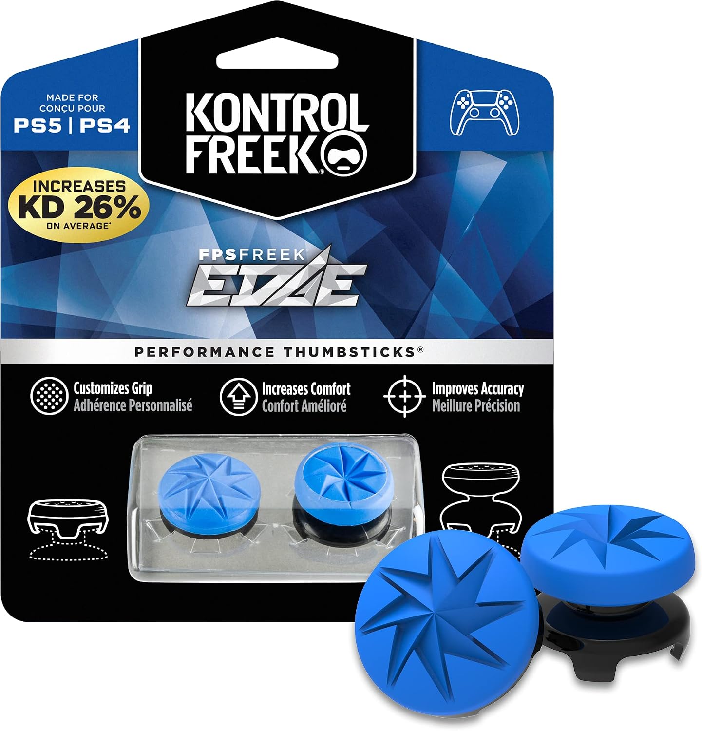 KontrolFreek FPS Freek Edge for Playstation 4 PS4 and Playstation 5 PS5 | Performance Thumbsticks | 1 High-Rise Convex, 1 Low-Rise Convex | Blue