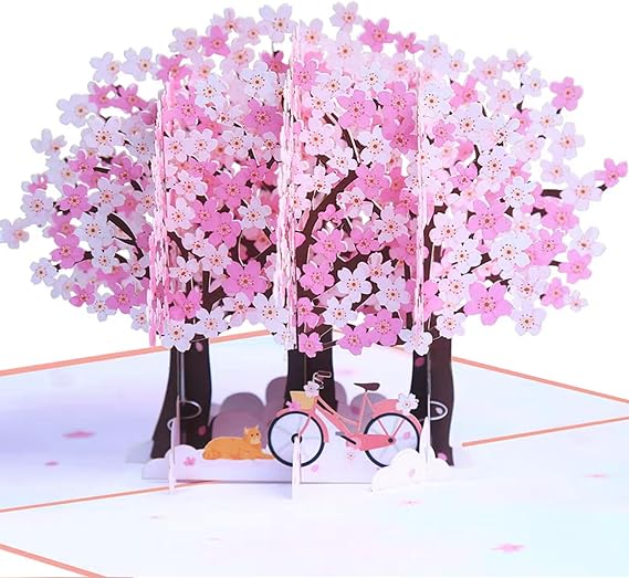 Pop Up Valentines Card, 3D Cherry Blossom Trees Love with Bike for Her, Wife, Husband, Him, Couple; Perfect for Valentines Day, Wedding, Romantic Birthday, Anniversary, Mothers Day