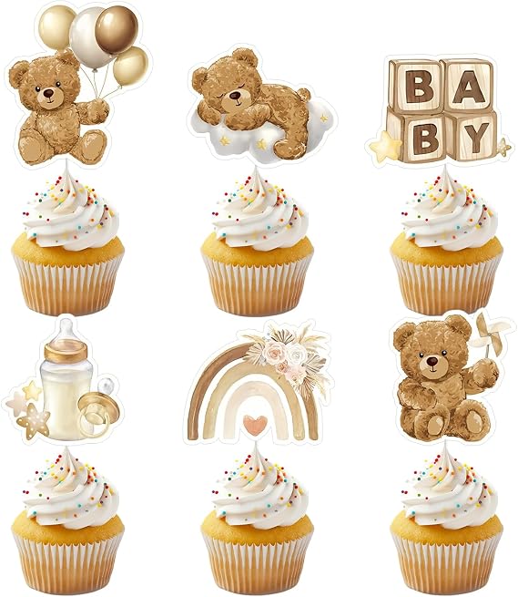 24pcs Bear Cupcake Toppers for Baby Shower Teddy Bear Cake Toppers for Boys and Girls Baby Shower Decoration Gender Reveal Birthday Party