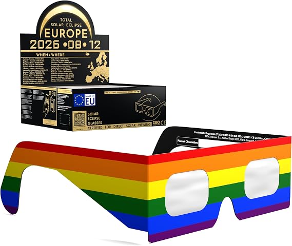 Solar Eclipse Glasses ISO 12312-2 & CE Certified – Safe Solar Viewing for Direct Sun & August 2026 Eclipse | Paper Cardboard Frame, Made in EU | For Kids & Adults
