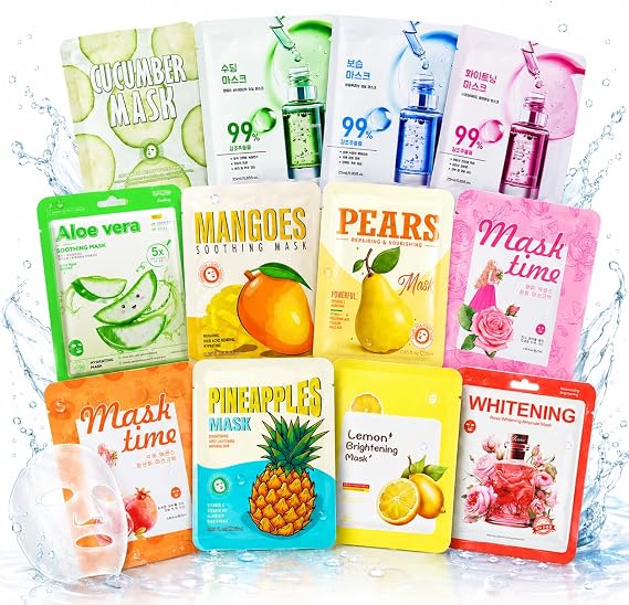 12 Pack Fruit Face Sheet Masks Set, Hydrating, Brightening & Soothing Korean Style Facial Masks for Dry & Dull Skin – Daily Care Moisturising Facial Masks, Spa Self Care Beauty Gift Set, Multi-colored