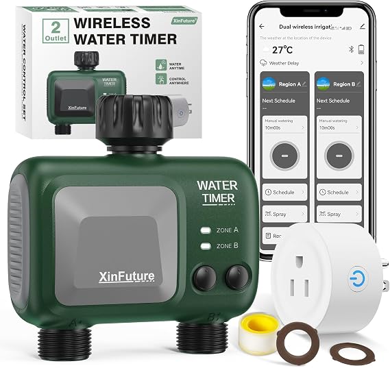 Smart Sprinkler Timer 2 Zone with Gateway, WiFi Water Timer with Rain Delay, Manual& Automatic Watering System for Garden Hose Faucet, App& Voice Control, Outdoor Hose for Yards Lawns