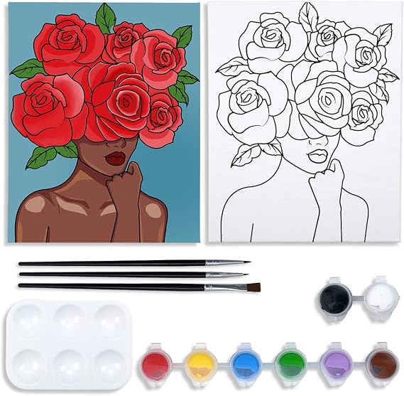 VOCHIC Canvas Painting Kit Pre Drawn Canvas for Painting for Adults Party Kits Paint and Sip Party Supplies 8x10 Canvas to Paint Flower Girl 8 Acrylic Colors,3 Brush,1 Pallet Paint Art Set