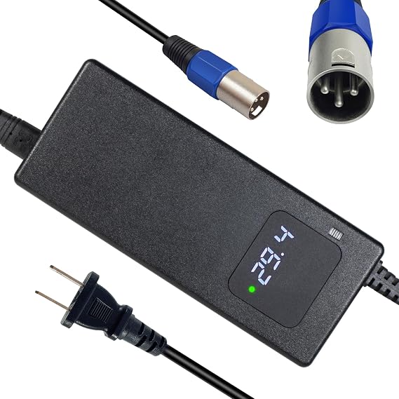 29.4V 4A Power Adapter for 24V/25.2V Li-Ion Batteries 3-Pin XLR Connector, Smart 24 Volt Power Supply with Display Built-in Fan