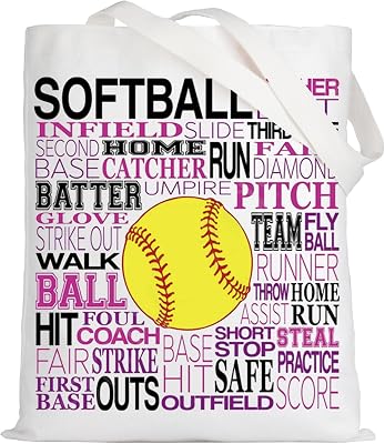 LEVLO Softball Typography Canvas Tote Bag Softball Player Inspired Gift Softball Team Shoulder Bag For Softball Lover Softball Tote