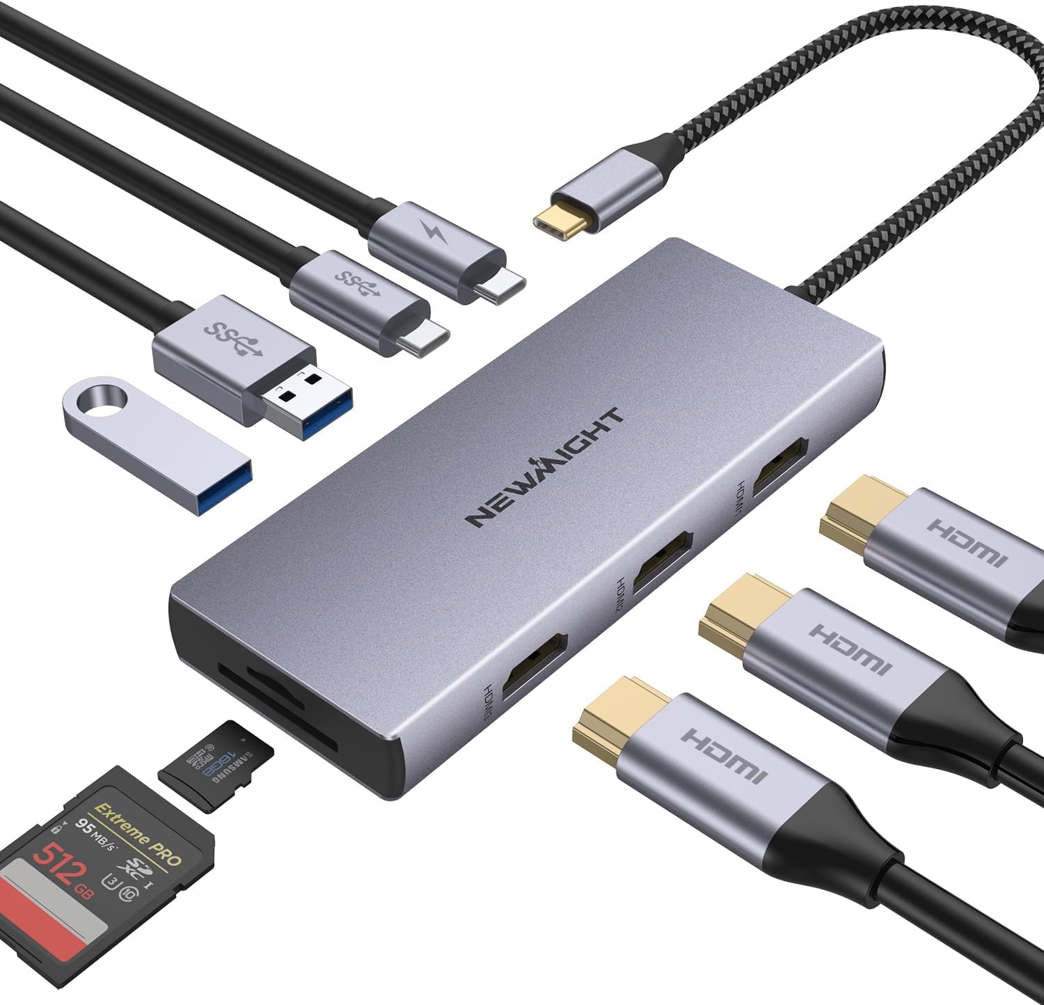 9 in 1 USB C Docking Station, Newmight 3 HDMI Adapter with 100W PD, 2 USB-A 3.0, USB-C 3.0, SDTF Card Reader, HDMI Multiport Adapter for MacBook Pro 2023-2015Air 2022-2018,iPhone 1515 Pro, HP,Dell