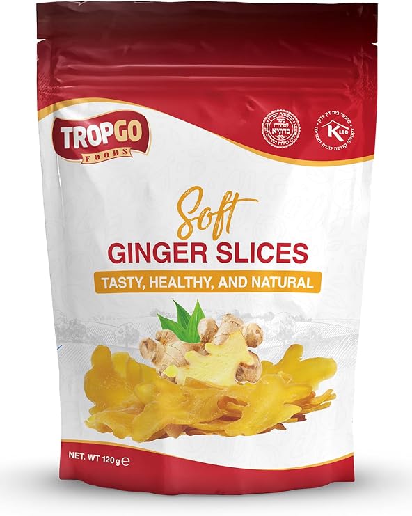 Tropgo Soft Ginger Slices 120g – Sweet & Fiery Chewy Ginger Snack Made from Real Ginger Root – Vegan Soft Crystallised Ginger Pieces – Great for Tea, Baking & Snacking – Resealable Pouch