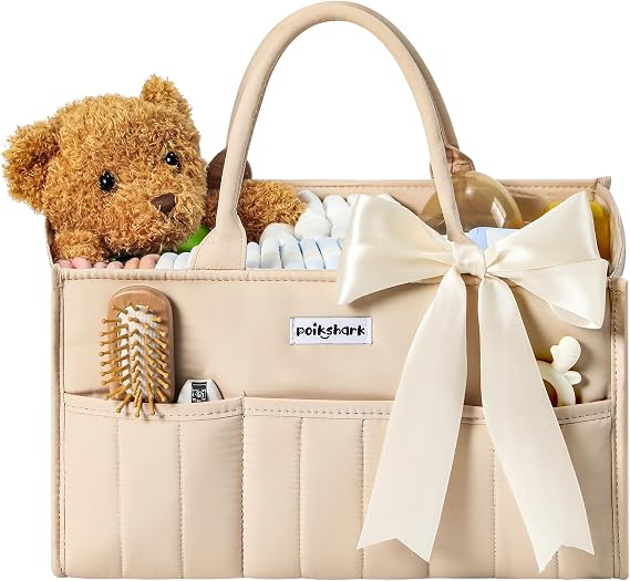 POIKSHARK Baby Diaper Caddy - Stylish Basket for Newborn Essentials, Nursery Storage Bin and Car Organizers for Diapers and Wipes, Gift for Baby Shower, Cream