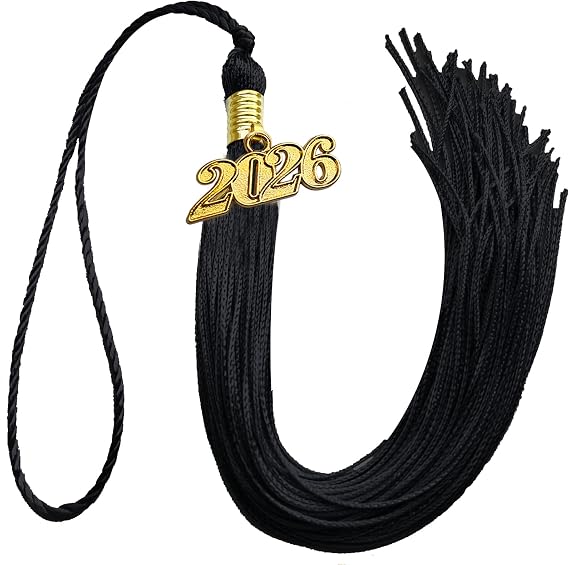 Academic Graduation Cap Tassel with 2026 Gold Year Charm, 9 Inch Long (Black)