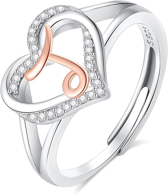 INFUSEU 925 Sterling Silver Initial Heart Rings for Women, Adjustable Size
