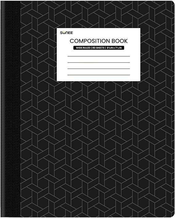 SUNEE Composition Notebook, Wide Ruled Paper, Home School Supplies for College Students & K-12, 9-3/4" x 7-1/2", 80 Sheets/160 Pages, Black