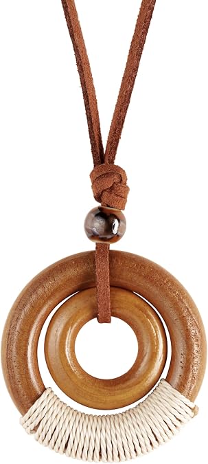 MINACHI Ethnic Boho Chic Double Wooden Ring Circle Necklace, Vintage Bohemian Summer Statement Jewelry Gift for Women