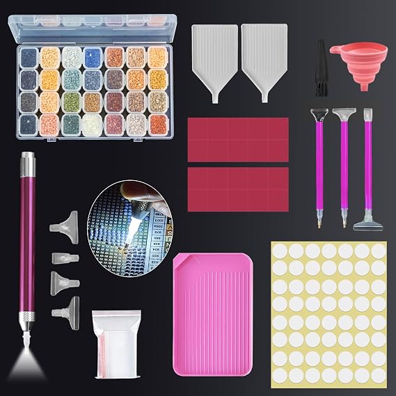 Diamond Paintings Accessories,5D DIY Diamond Art Accessories And Tools with Diamond Paintings Pen with Light,Compartment Box,20 Pieces Wax,Trays, Diamond Paintings Kits for Adult Beginner(Rose Red)