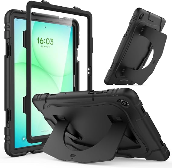 Galaxy Tab A9+ / A9 Plus 11" Case SM-X210/X216/X218 with Screen Protector and Large Kickstand, Triple Layer Heavy Duty Shockproof Cover Protective Case for Samsung A9+ 11 Inch, Black