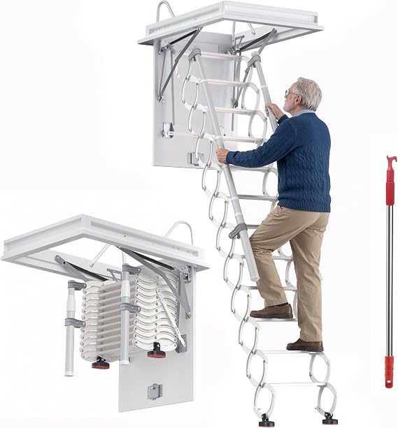 Pull Down Attic Ladder 12-Step, Retractable Attic Stairs with Handrails