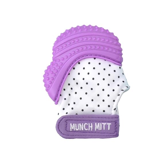 Malarkey Kids Munch Mitt Teething Mitten - The Original Mom-Invented Silicone Teether Mitten with Travel Bag Ideal Teething Toys - Purple Polka Dot
