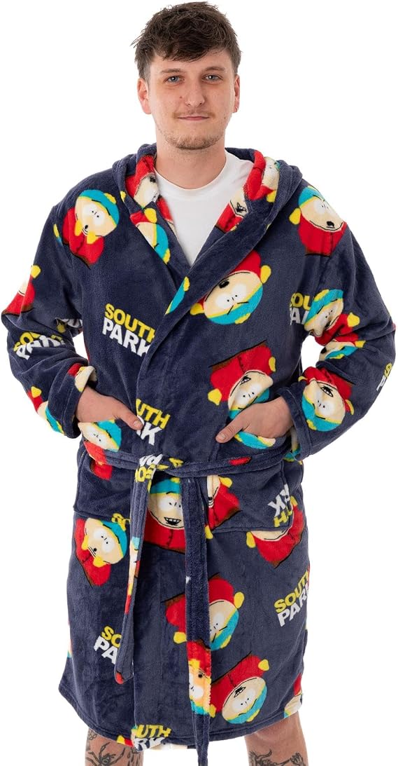 South Park Mens Hooded Bathrobe | Adults Cartman All Over Print Graphic Dressing Gown in Navy | Cartoon Fleece Loungewear