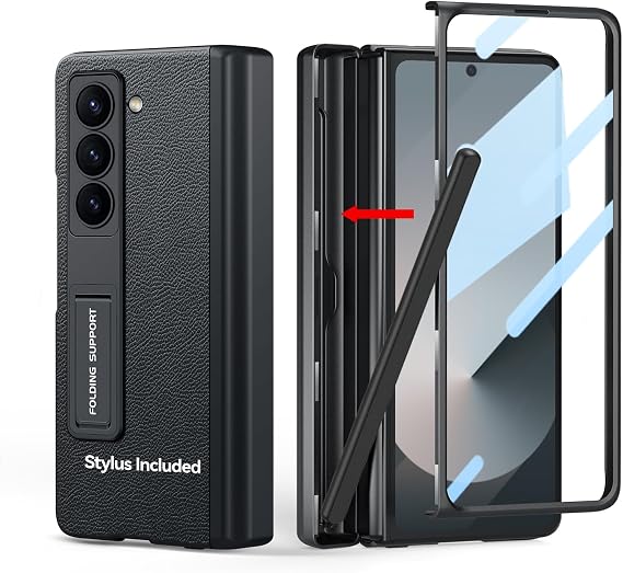 for Samsung Galaxy Z-Fold-6 Case: Built in Hidden Fold 6 New Slim S Pen Holder (2024) & Generic Stylus | Leather on Back, Screen Protector, Hinge Protection, Adjustable Stand - Black