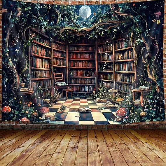 Magical Forest Tapestry, Fairytale Tree Magic Bookshelf Aesthetic Tapestries for Classroom, Witchy Fairy Tree Mysterious Vintage Bookshelf Book Art Tapestry Wall Hanging College Room Bedroom, 60X40