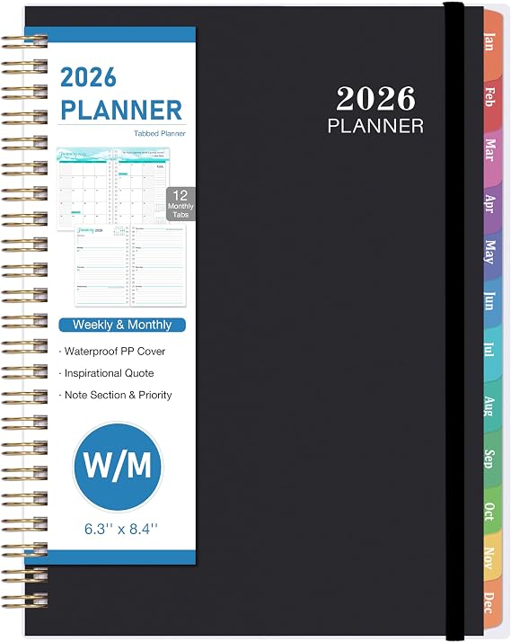 2026 Planner - JAN. 2026 -DEC. 2026, 2026 Daily Weekly and Monthly Planner, 6.3'' x 8.4'', calendar planner 2026 with Transparent PP Cover, Colorful Monthly Tabs, Back Pocket