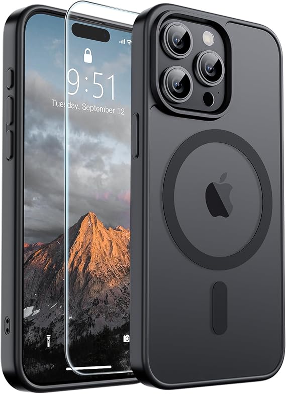 SUPFINE iPhone 15 Pro Max için Manyetik Kılıf [MagSafe ile Uyumlu] [10 FT Askeri Sınıf Düşme Koruması] İnce Şeffaf Mat Darbeye Dayanıklı Parmak İzi Önleyici Telefon Kılıfı, Siyah