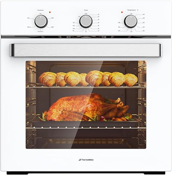 ThermoMate 24" Electric Wall Oven, ETL Certified, 2.8 Cu.ft. Electric Wall Oven with Anti-Mistouch Knobs, Built-in Ovens with 5 Cooking Functions, White