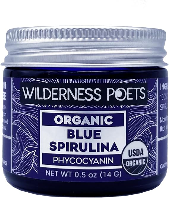 Wilderness Poets, Organic Blue Spirulina - 100% Phycocyanin (.5 oz. Blue Glass Jar) - Natural - No Maltodextrin, Fillers or Preservatives - Smoothies, Desserts, Ice Cream