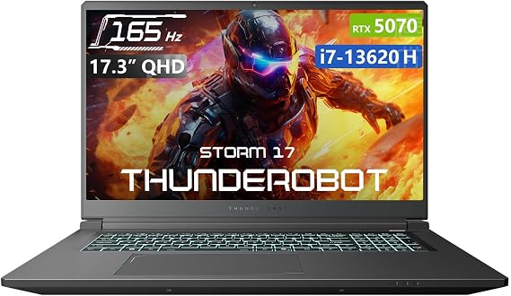 Thunderobot Storm 17 5070 Gaming Laptop, 17.3" QHD 165Hz 2K Display, Core i7-13620H, GeForce RTX 5070, 16GB DDR5 RAM, 1TB SSD, RGB Backlit Keyboard, HDMI, Wi-Fi 6, Win11 Home