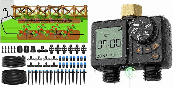 MIXC 230FT Quick-Connect Drip Irrigation System Kit + MIXC Rechargeable 2-Zone Water Timer