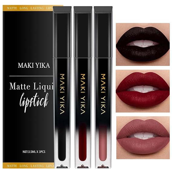 MAKI YIKA 3Pcs Matte Liquid Lipstick Set Black Dark Red Nude Lipstick