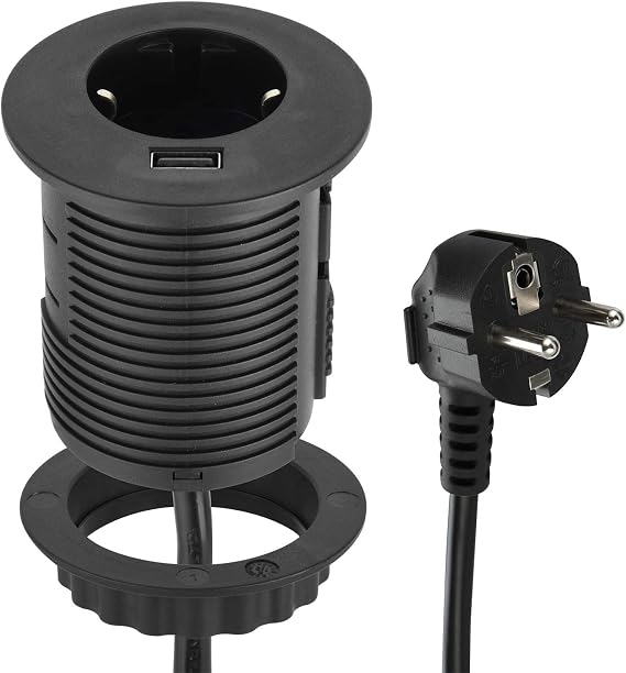 Electraline 62558 Socket Table Top Grommet: Recessed Desk Socket with USB Fast Charge 2.A and Standard Cable Grommets Diameter 60 mm (Table Installation Socket Schuko) Cable 2 m