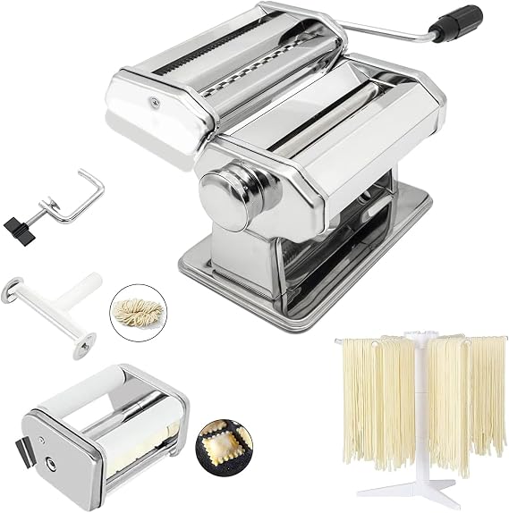 MZTOGR Pasta Maker Machine Set of 6 150 mm Steel Pasta Machine with 9 Adjustable Thickness Settings Includes Ravioli Maker Attachment Pasta Dryer