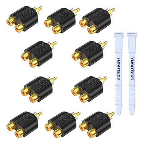 RCA Splitter Adapter, 10Pcs RCA Y Adapter,1 Male to 2 Female Phono Connector AV Video Y Splitter R-CA to JACK Socket for Subwoofer, Amplifier, TV, Digital Audio (10Pcs)