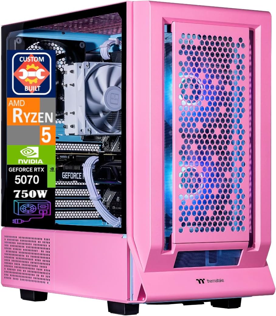 Velztorm Pink Fultix Gaming Desktop PC AMD Ryzen 5-5500, GeForce RTX 5070, 16GB DDR4, 1TB PCIe SSD  2TB HDD, RGB Fans, 750W PSU, WiFi 5, Bluetooth 5.0, RJ-45, 1 Display Port, HDMI, Win 11 Pro