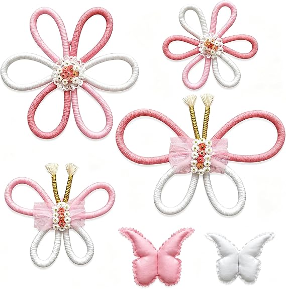 KUNHEHO Premium 3D Butterfly & Flower Wall Decor Set Soft Fabric Nursery Wall Hanging Decorations for Baby Shower, Girls Bedroom, Boho Home Pack of 6 (Various Sizes)
