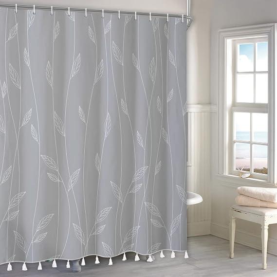Modern Grey Shower Curtain with Tassels, Botanical Bathroom Curtain with Tassels, Minimalist Boho Tassels Shower Curtain Set with 12 Hooks for Bathroom, L2, 72Wx72L