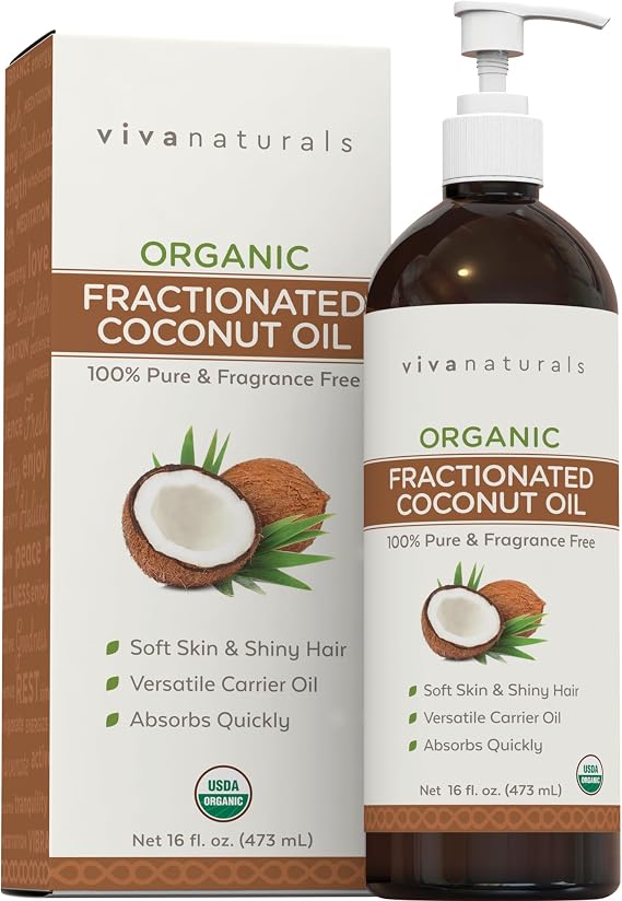Viva Naturals Organic Fractionated Coconut Oil, 16 fl oz Skin & Hair Moisturizer, Massage Oil, Carrier Oil for Essential Oils