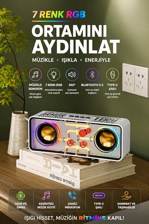 Matechno 10W RGB Bluetooth Hoparlör, Taşınabilir Müzik Kutusu, SD-AUX Bağlantı, Sese Duyarlı RGB Modlu, Beyaz
