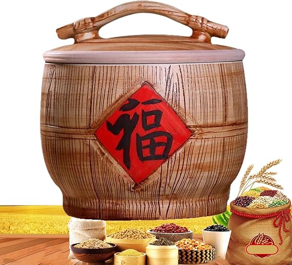 Ceramic Rice Bucket, Sealed Cereal Storage Container, Ceramic Rice Cylinder with Lid, Bulk Food Storage Jar, Classic Rice Storage Box Grain Dispenser for Flour, Cereal, Coffee(10inx10in)