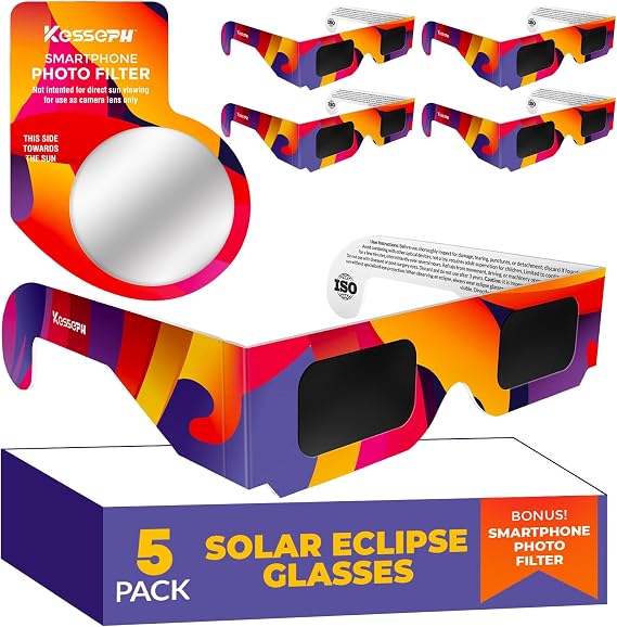 Solar Eclipse Glasses Approved 2024, (5 Pack) CE and ISO Certified Solar Eclipse Observation Glasses, Safe Shades for Direct Sun Viewing, Bonus Smartphone Photo Filter Lens, colorful wave design