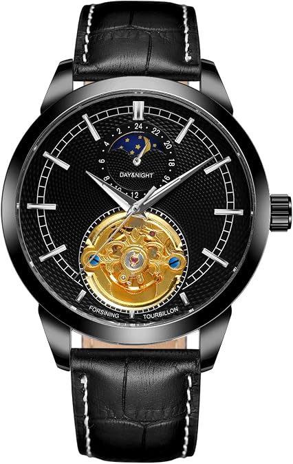 Retro Design Moon Phase Skeleton Automatic Mechanical Leather Strap Male Dress Watches (Black)