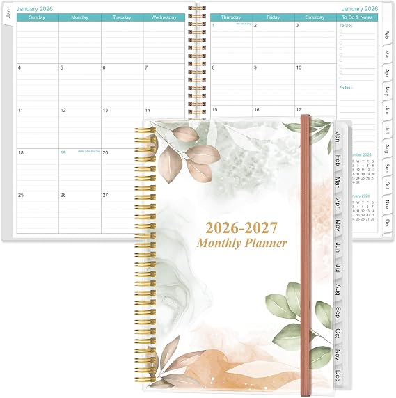 2026-2027 Monthly Planner - 18 Monthly Calendar, July 2026 - June 2027, Two Pages Per Month, 9" x11" Planner with Tabs, Strong Twin-Wire Binding, Inner Pocket, Rose Leaf