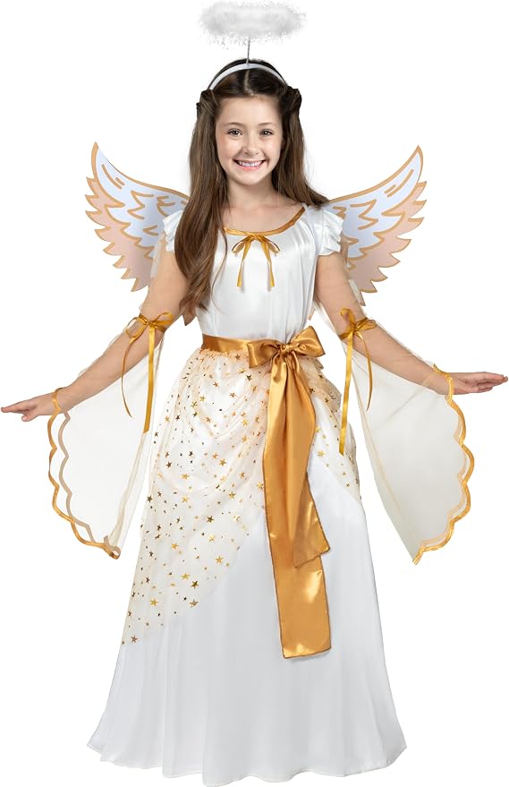 Spooktacular Creations Halloween Angel Costume for Girls, Golden White Angel Dress for Kids for Halloween Role Play Themed Party (Small, 5-7 yrs)