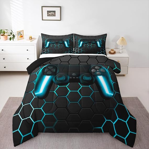 Queen Size Gaming Bedding Set for Boys & Teens - Kids Gamer Comforter Set,Neon Lights Gamepad Bedding with Hexagon Quilt & 2 Pillowcases, All-Season Soft Game Duvet Insert, Blue-Grey Gamer Room Decor