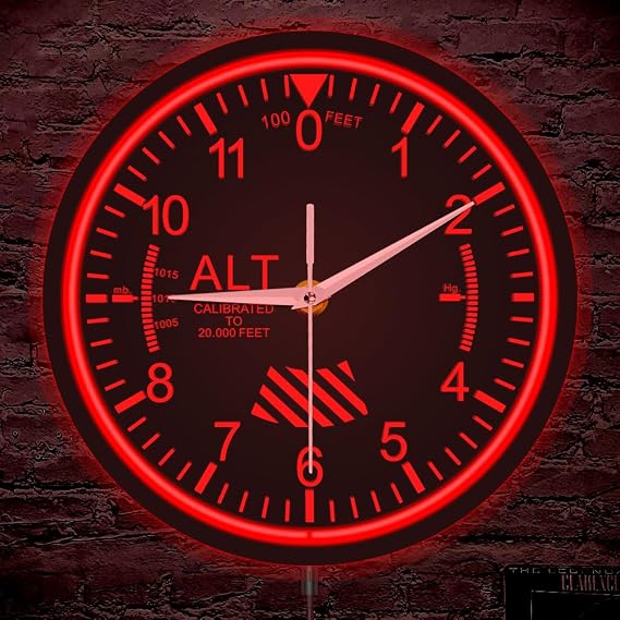 The Geeky Days Airplane Cockpit Altimeter Flexible Flex Red Illuminated Neon Metal Frame Wall Clock Aviation Instrument Home Decor Timepiece Aircraft LED Neon Lighting Wall Clock Aviator Pilot Gift