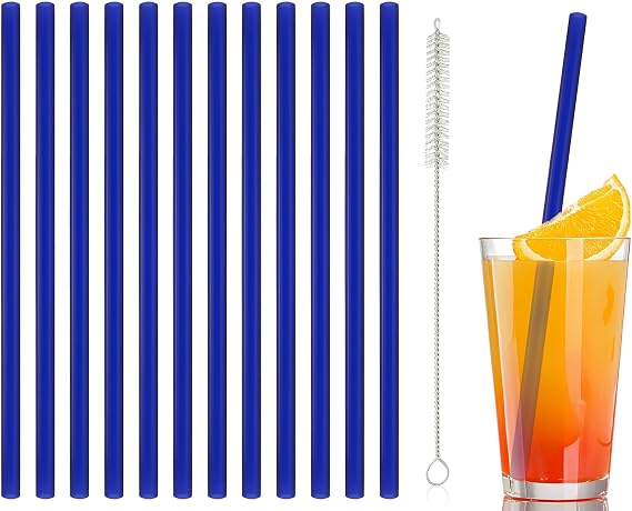 12 Pcs Reusable straight Glass Straws,8"x 8 mm Dark Blue Short Glass Drinking Straws with 2Pcs Cleaning Brush,Shatter Resistant for Tea, Smoothies, Milkshakes, Juices,Beverages(dark blue)