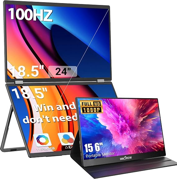 InnoView 18.5" FHD 100Hz 100% sRGB Dual Monitor with 15.6 Inch FHD 1080P Standard HDMI USB C Second External Monitor for Laptop
